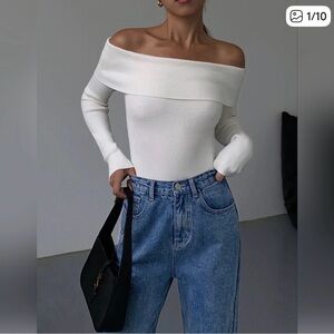 Commense Off Shoulder Overfold Long Sleeve Knit Top